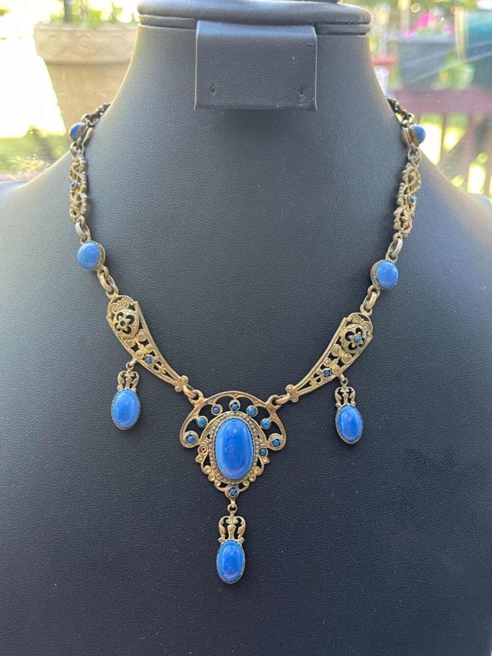 Vtg Art Nouveau Blue Glass Stone Gold Tone Necklace Signed Made in France - Picture 16 of 16
